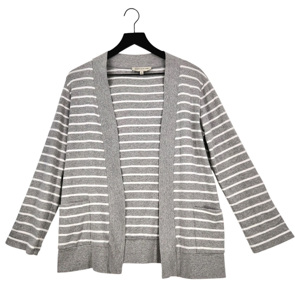 Jones New York Sport Open Cardigan Sweater Small Gray Stripe Roll Tab Sleeve